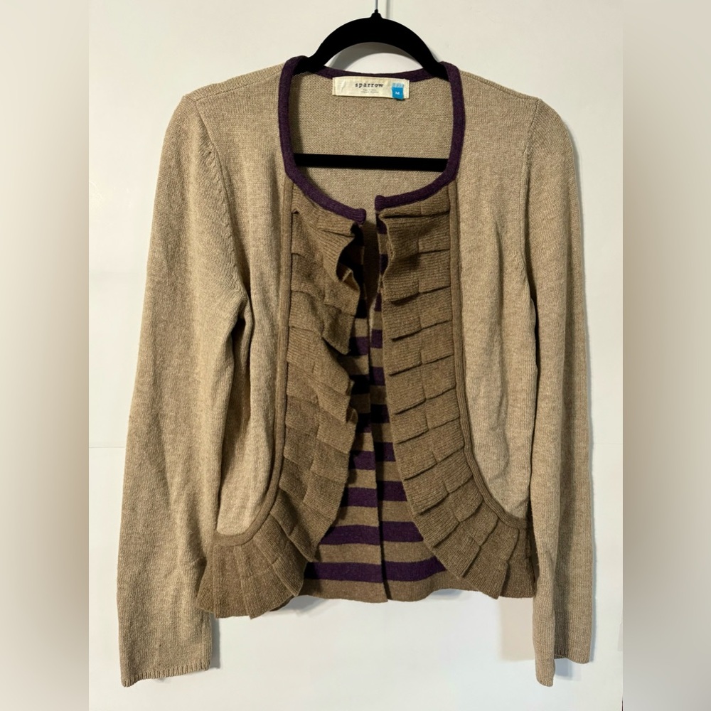 Anthropologie Taupe Cardigan with Purple Trim and Striped Interior